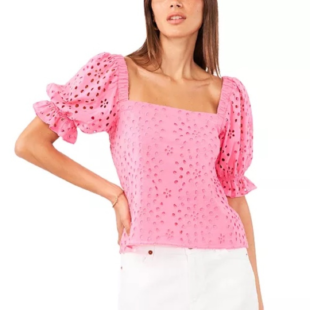 1. STATE Square Neck Short Puff Sleeve Eyelet Blouse Small Pink barbiecore